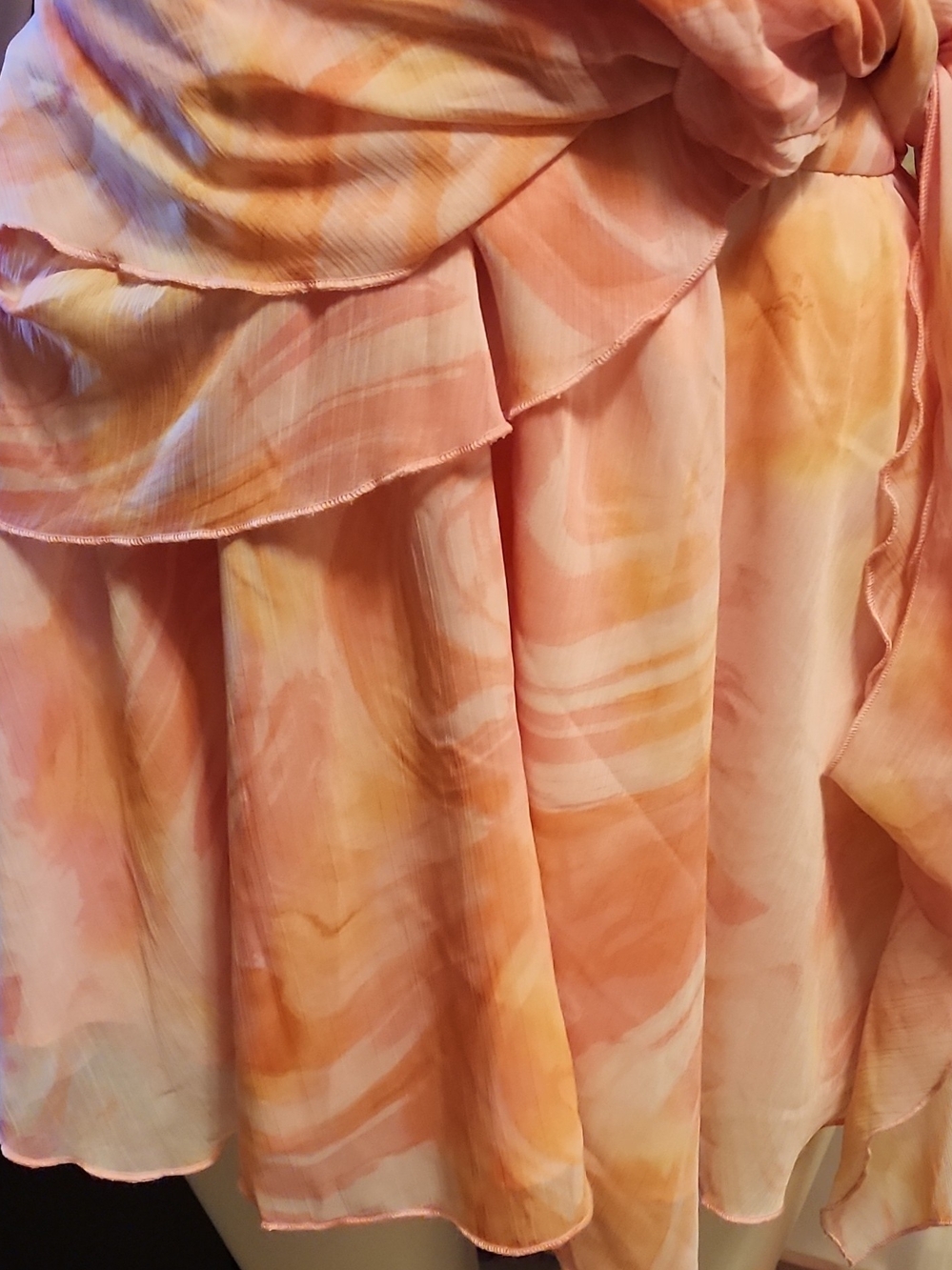 Peach-Pattern Ruffle Wrap Mini Dress - Picture 3 of 9